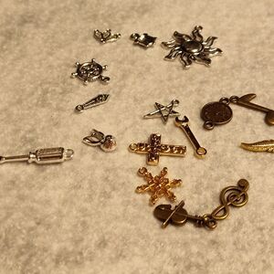 Assorted Charms, Lot Of 16. Silver Tone, Gold Tone & Brass Tone